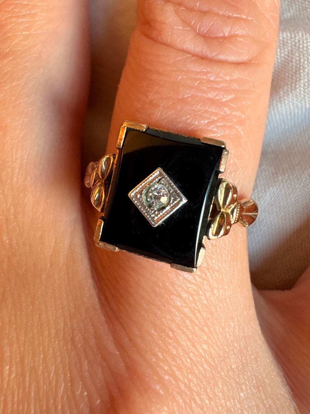 Vintage 10K Gold Filled Black Onyx Ring Clear Accent Size 8 Art Deco